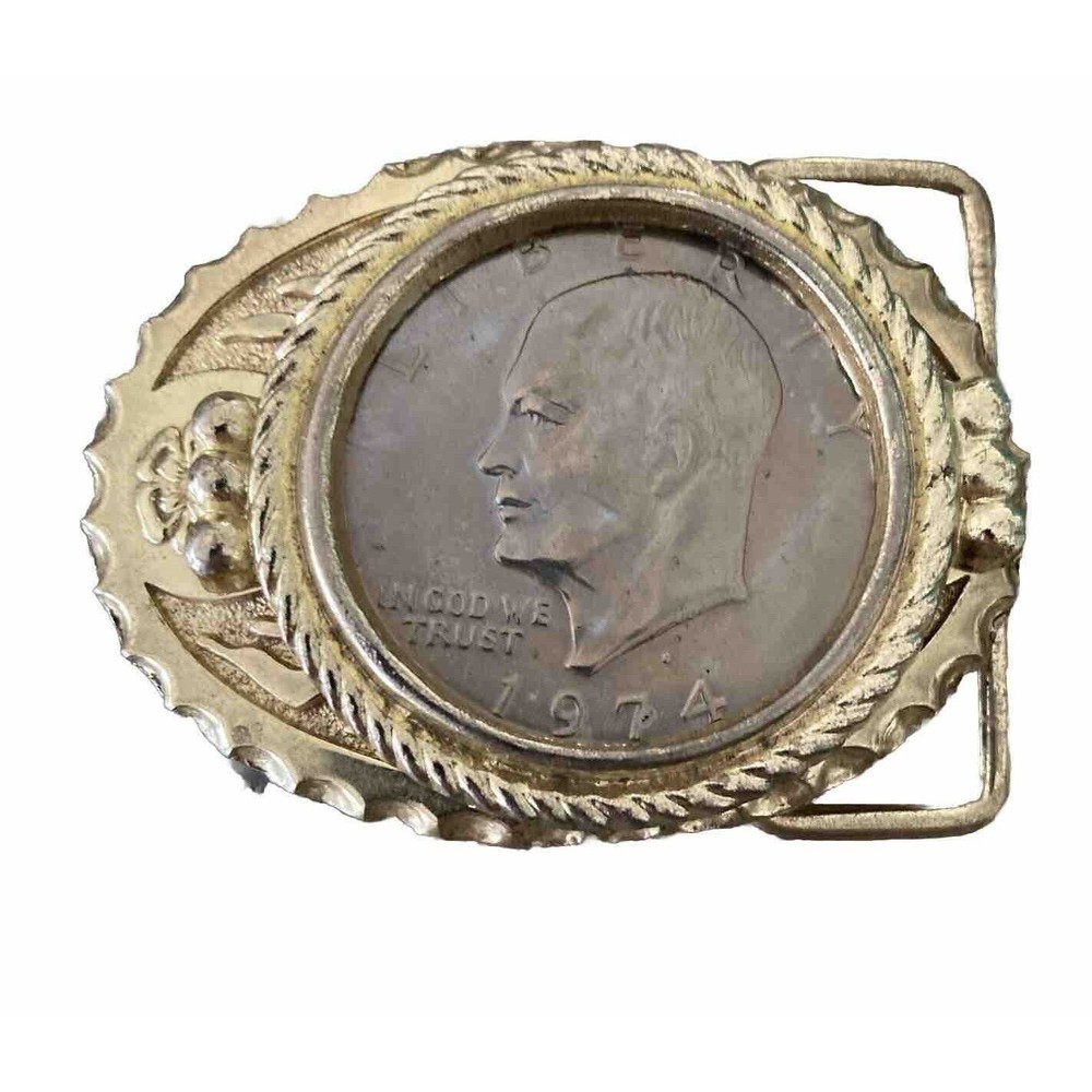 Vintage Belt Buckle 1974 Eisenhower Dollar Coin Gold Tone Eagle Side Out Western